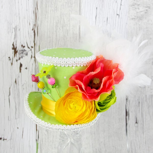 Lime Green, Yellow, Coral, and White Polka Dot Flower Medium Mini Top Hat Fascinator, Alice in Wonderland, Mad Hatter Tea Party, Derby Hat