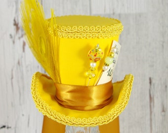 Yellow on Yellow Mad Hatter Style Medium Mini Top Hat Fascinator, Alice in Wonderland Mad Hatter Tea Party, Derby Hat