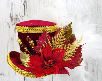 Red, Gold, and White Poinsettia Medium Mini Top Hat Fascinator, Alice in Wonderland, Mad Hatter Tea Party, Derby Hat