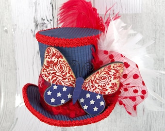 Red, White, and Blue Wood Butterfly Large Mini Top Hat Fascinator, Alice in Wonderland, Mad Hatter Tea Party, Derby Hat