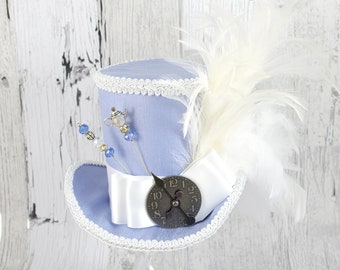 Light Blue and White Steampunk Empress Collection Large Mini Top Hat Fascinator, Alice in Wonderland, Mad Hatter Tea Party, Derby Hat