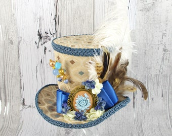 Antique Blue, Cream, and Beige Cameo and Flower Large Mini Top Hat Fascinator, Alice in Wonderland, Mad Hatter Tea Party, Derby