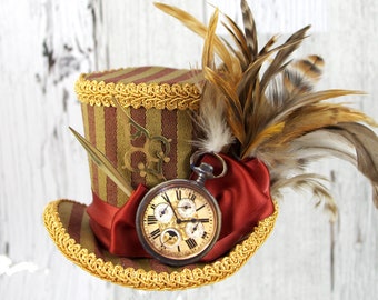 Rust Red and Gold Striped Pocket Watch Cutout Steampunk Medium Mini Top Hat Fascinator, Alice in Wonderland, Mad Hatter Tea Party, Derby Hat