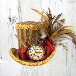 Rust Red and Gold Striped Pocket Watch Cutout Steampunk Medium Mini Top Hat Fascinator, Alice in Wonderland, Mad Hatter Tea Party, Derby Hat