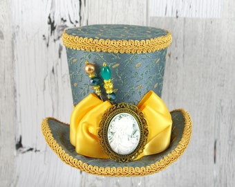 Teal and Gold Cameo Minimalist Large Mini Top Hat Fascinator, Alice in Wonderland, Mad Hatter Tea Party, Derby Hat