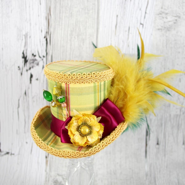 Cream, Green, Burgundy, and Golden Yellow Plaid Flower Medium Mini Top Hat Fascinator, Alice in Wonderland, Mad Hatter Tea Party, Derby Hat