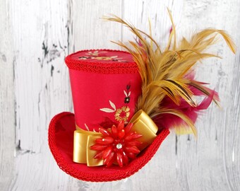 Embroidered Red and Gold Empress Collection Large Mini Top Hat Fascinator, Alice in Wonderland, Mad Hatter Tea Party, Derby Hat