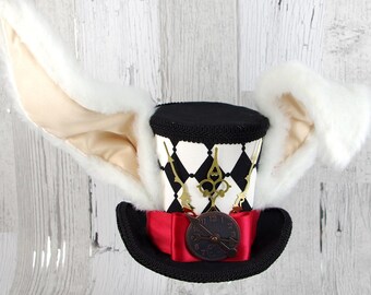 The White Rabbit - Black, White and Red Harlequin Clockwork Bunny Large Mini Top Hat, Alice in Wonderland Mad Hatter