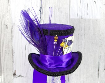 Purple and Black Mad Hatter Style Medium Mini Top Hat Fascinator, Alice in Wonderland Mad Hatter Tea Party, Derby Hat