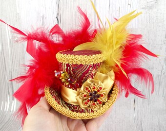 Red adn Gold Damask Rosette Small Mini Top Hat Fascinator, Alice in Wonderland, Mad Hatter Tea Party, Derby Hat