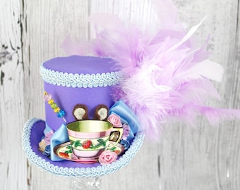 Dormouse Light Purple and Blue Teacup Cutout Medium Mini Top Hat Fascinator, Alice in Wonderland, Mad Hatter Tea Party