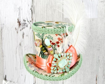 Beige, Mint and Coral Floral Fabric, Medallion and Plume Medium Mini Top Hat Fascinator, Alice in Wonderland Mad Hatter Tea Party, Derby Hat
