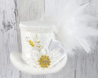 White and Off White Lace Medium Mini Top Hat Fascinator, Alice in Wonderland, Mad Hatter Tea Party, Derby Hat