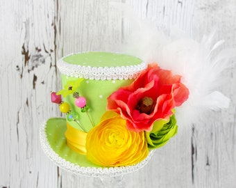 Lime Green, Yellow, Coral, and White Polka Dot Flower Medium Mini Top Hat Fascinator, Alice in Wonderland, Mad Hatter Tea Party, Derby Hat