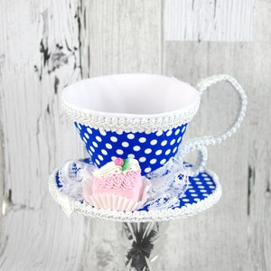 Blue and White Polka Dot with Pink Petit Four Tea Cup Fascinator Hat, Alice in Wonderland Mad Hatter Tea Party, Derby Hat image 1