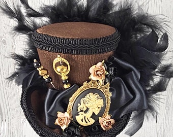 Brown and Black Skeleton Lady Cameo Medium Mini Top Hat Fascinator, Alice in Wonderland, Mad Hatter Tea Party, Derby Hat