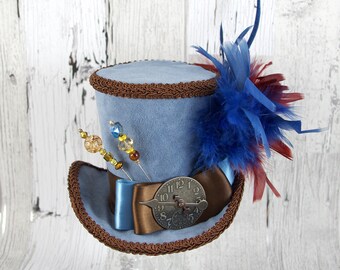 Blue and Brown Empress Collection Large Mini Top Hat Fascinator, Alice in Wonderland, Mad Hatter Tea Party, Derby Hat