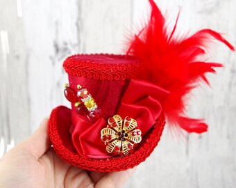 Red on Red Small Mini Top Hat Fascinator, Alice in Wonderland, Mad Hatter Tea Party, Derby Hat