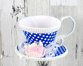 Blue and White Polka Dot with Pink Petit Four Tea Cup Fascinator Hat, Alice in Wonderland Mad Hatter Tea Party, Derby Hat