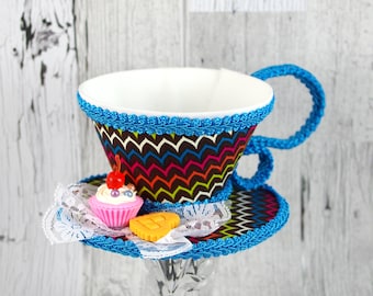 Rainbow, Aqua, and Brown with Cupcake and Cookie Tea Cup Fascinator Hat, Alice in Wonderland Mad Hatter Tea Party, Derby Hat