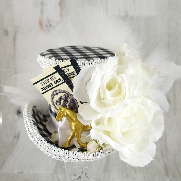 Black and White Kentucky Derby Horse, Tickets, and Roses Medium Mini Top Hat Fascinator, Alice in Wonderland Mad Hatter Tea Party, Derby Hat