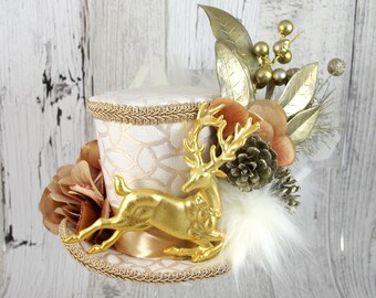 White, Gold, and Rose Reindeer Forest Large Mini Top Hat Fascinator, Alice in Wonderland, Mad Hatter Tea Party, Christmas Hat, Derby Hat