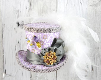 Purple and Gray Rosette Medallion Medium Mini Top Hat Fascinator, Alice in Wonderland, Mad Hatter Tea Party, Derby Hat