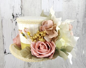 White, Pink, Green and Gold Flower Garden Large Mini Top Hat Fascinator, Alice in Wonderland, Mad Hatter Tea Party, Derby Hat