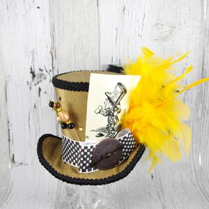Mad Hatter Illustration Gold, Black, and Yellow Steampunk Large Mini Top Hat Fascinator, Alice in Wonderland Mad Hatter Tea Party, Derby Hat