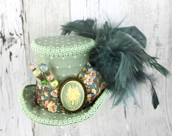 Light Green Floral Fairy Cameo Medium Mini Top Hat Fascinator, Alice in Wonderland, Mad Hatter Tea Party, Derby Hat
