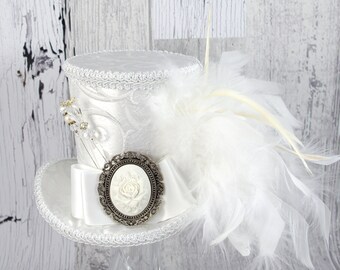 White on White Wedding Empress Collection Large Mini Top Hat Fascinator, Alice in Wonderland, Mad Hatter Tea Party, Derby Hat