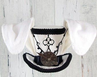 White Rabbit - Rabbit Eared Black and White Steampunk Medium Mini Top Hat Fascinator, Alice in Wonderland, Mad Hatter Tea Party, Derby