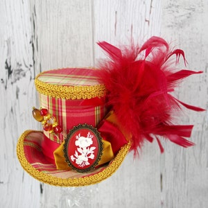 Red and Gold Plaid Flower Cameo Medium Mini Top Hat Fascinator, Alice in Wonderland, Mad Hatter Tea Party, Derby Hat image 1