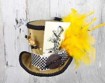 Mad Hatter Illustration Gold, Black, and Yellow Steampunk Large Mini Top Hat Fascinator, Alice in Wonderland Mad Hatter Tea Party, Derby Hat