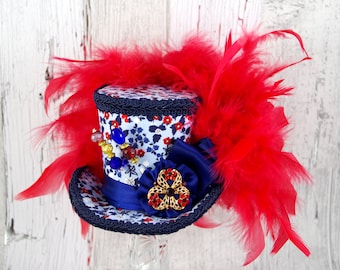 Red, White, and Blue Floral Rosette Medallion Medium Mini Top Hat Fascinator, Alice in Wonderland, Mad Hatter Tea Party, Derby Hat