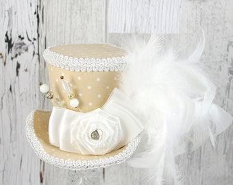 Beige and White Polka Dot Rosette Medium Mini Top Hat Fascinator, Alice in Wonderland, Mad Hatter Tea Party, Derby Hat