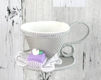 Silver Striped and White and Silver with Petit Four Tea Cup Fascinator Hat, Alice in Wonderland Mad Hatter Tea Party, Derby Hat