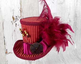 Burgundy Red Steampunk Empress Collection Large Mini Top Hat Fascinator, Alice in Wonderland, Mad Hatter Tea Party, Derby Hat