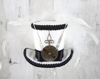 Black and White Steampunk Medium Mini Top Hat Fascinator, Alice in Wonderland, Made Hatter Tea Party, Derby Hat
