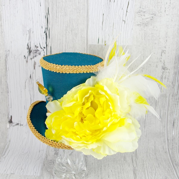 Teal, Yellow, and Gold Flower and Feather Large Mini Top Hat Fascinator, Alice in Wonderland, Mad Hatter Tea Party, Derby Hat