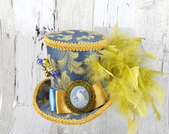 Antique Blue and Gold Peacock Cameo Empress Collection Large Mini Top Hat Fascinator, Alice in Wonderland, Mad Hatter Tea Party, Derby Hat