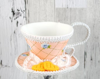 Peach and White Blue Rose Lattice with Heart Cookies Tea Cup Fascinator Hat, Alice in Wonderland Mad Hatter Tea Party, Derby Hat