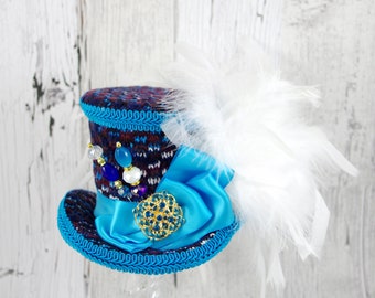 Aqua and Navy Medium Mini Top Hat Fascinator, Alice in Wonderland, Mad Hatter Tea Party, Derby Hat