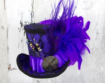 Black Lace over Purple Steampunk Large Mini Top Hat Fascinator, Alice in Wonderland, Mad Hatter Tea Party, Derby Hat