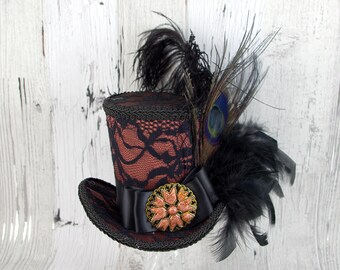 Black Lace over Copper Peacock Large Mini Top Hat Fascinator, Alice in Wonderland, Mad Hatter Tea Party, Derby Hat