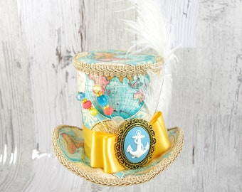 Aqua Beige and Gold Globe Map with Anchor Cameo Large Mini Top Hat Fascinator, Alice in Wonderland, Mad Hatter Tea Party, Derby Hat
