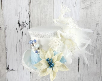 White and Blue Reindeer and Poinsettia Medium Mini Top Hat Fascinator, Alice in Wonderland, Mad Hatter Tea Party, Derby Hat