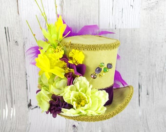 Green, Purple, and Yellow Flower Garden Large Mini Top Hat Fascinator, Alice in Wonderland, Mad Hatter Tea Party, Derby Hat