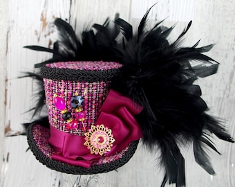 Fuchsia and Black Medium Mini Top Hat Fascinator, Alice in Wonderland, Mad Hatter Tea Party, Derby Hat