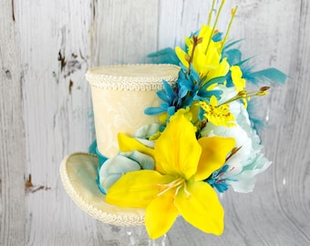 Teal and Yellow Lily Flower Garden Large Mini Top Hat Fascinator, Alice in Wonderland, Mad Hatter Tea Party, Derby Hat